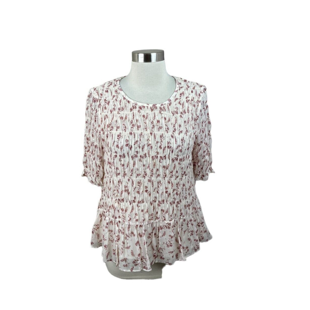 FRAME Red Floral Smocked Short Sleeve Blouse Size Small